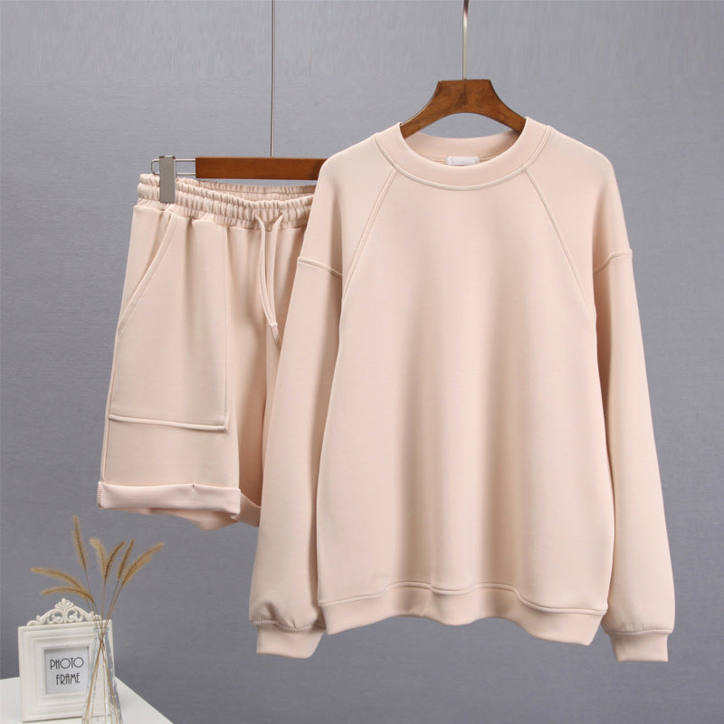 Women's Fashion Casual Solid Color Round Neck Long Sleeve Sweater Shorts Set - Enfance-Heureuse