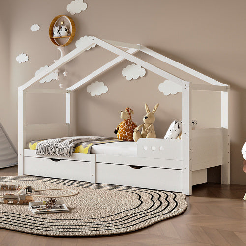 Solid Wood Children's Bed With Double Drawers - Enfance-Heureuse